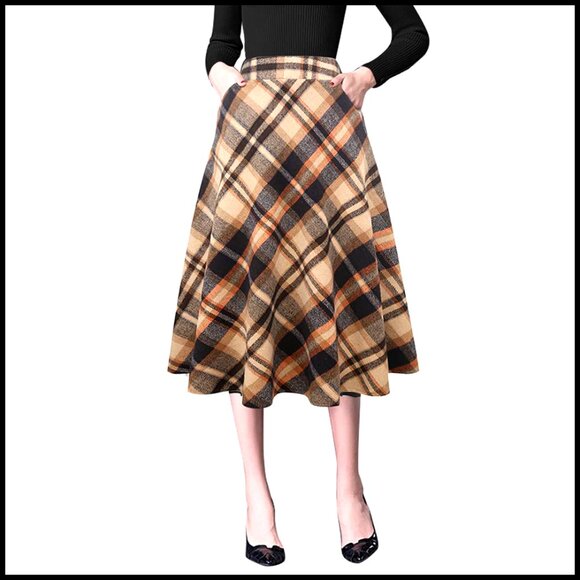 Dresses & Skirts - Woolen High Waist A-Line Pleated Midi Skirt with Pockets